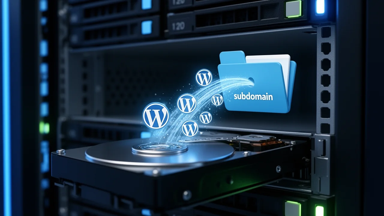 Visual metaphor of automated WordPress files being deployed to a server, representing the automated installation process for subdomains.