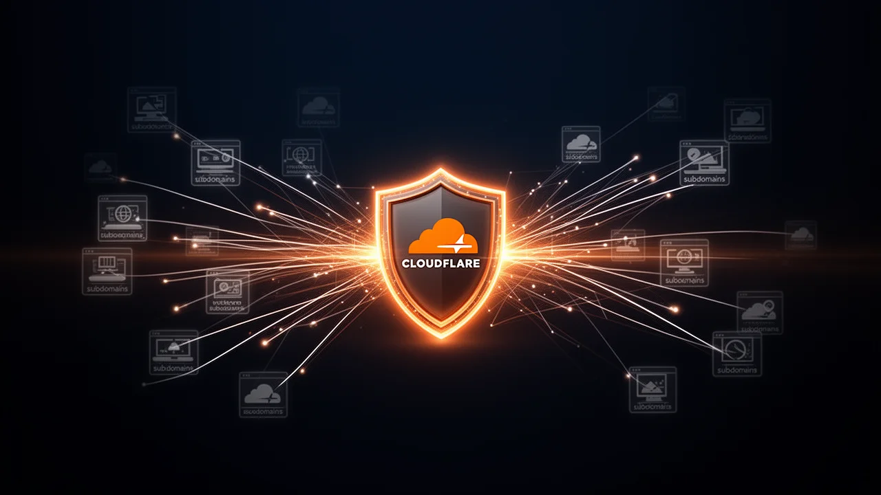 Abstract visualization of Cloudflare's security shield protecting a network of subdomain sites, representing automated security and CDN integration.