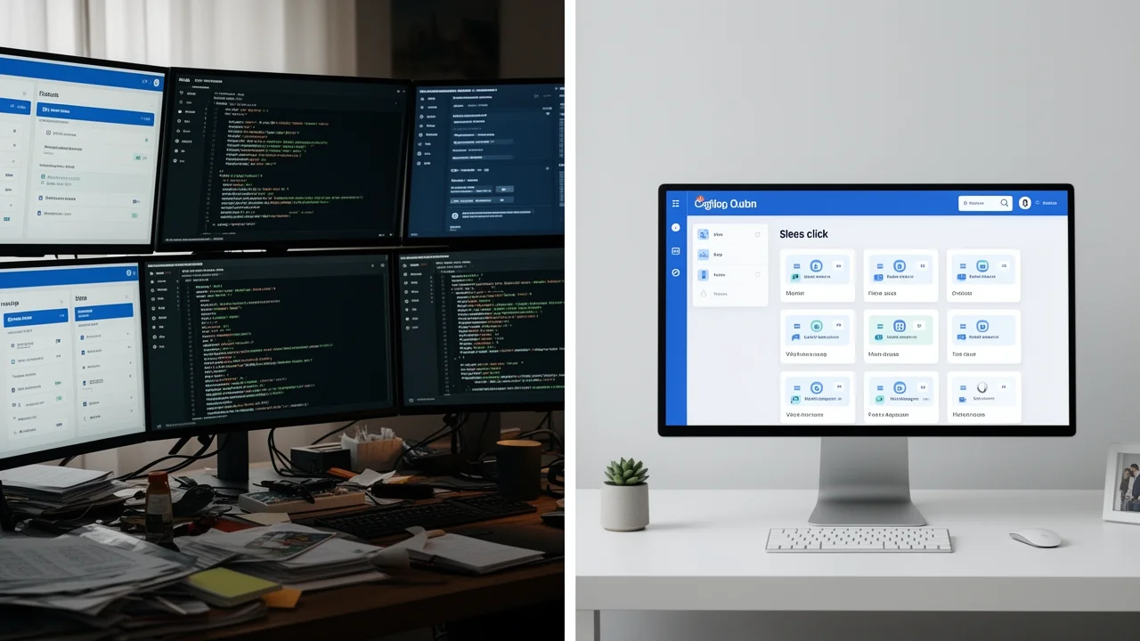 A side-by-side comparison illustrating the chaos of manual website setup versus the clean efficiency of an automated software dashboard.