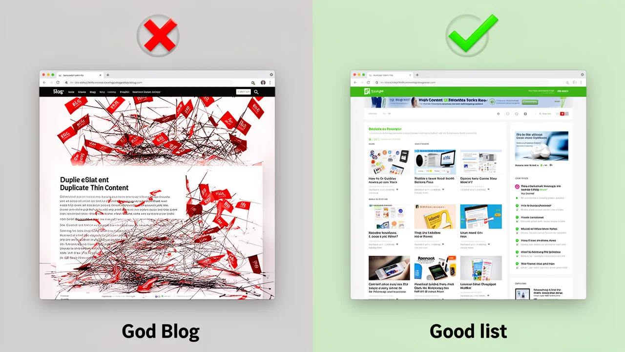 Visual comparison of ineffective versus effective content strategies for Private Blog Networks, highlighting the importance of unique, varied, and valuable articles.