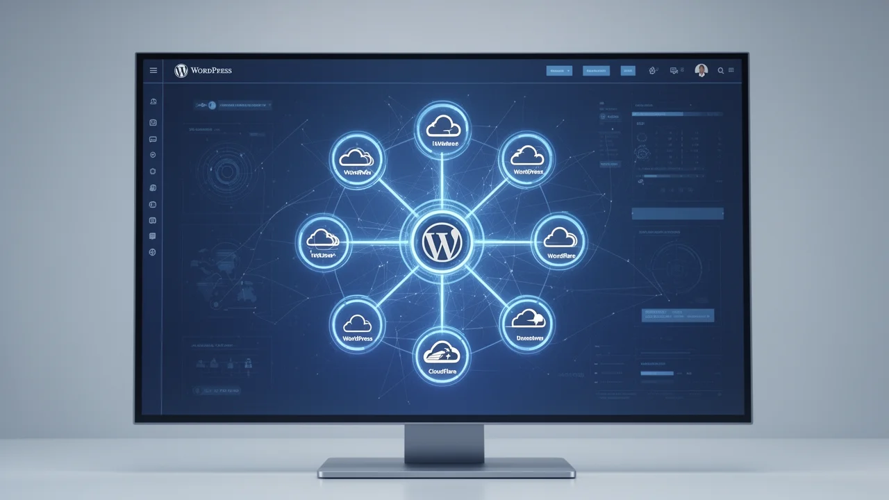 A visualization of Turbo Subdomains software dashboard managing a network of subdomain sites, representing centralized control and automation.