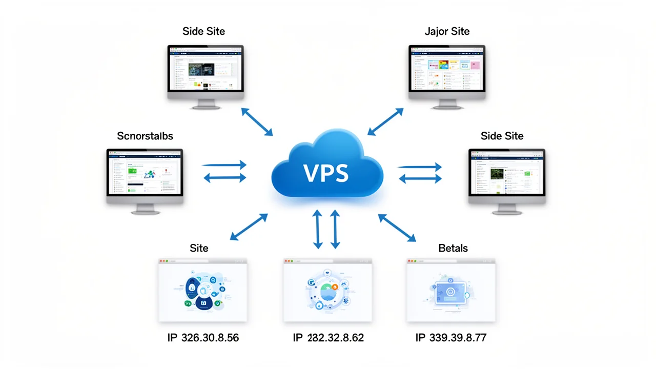 A network diagram illustrating a VPS hosting multiple independent websites, emphasizing server structure and IP diversity for PBNs.