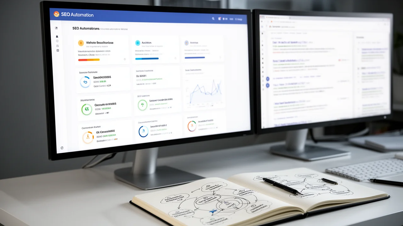 An SEO professional's workstation showing automation software managing multiple websites, highlighting the efficiency of digital marketing tools.